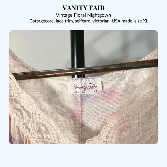 Vintage Vanity Fair Floral Nightgown XL | Lace Trim Cottagecore USA Made - Picture 2 of 2